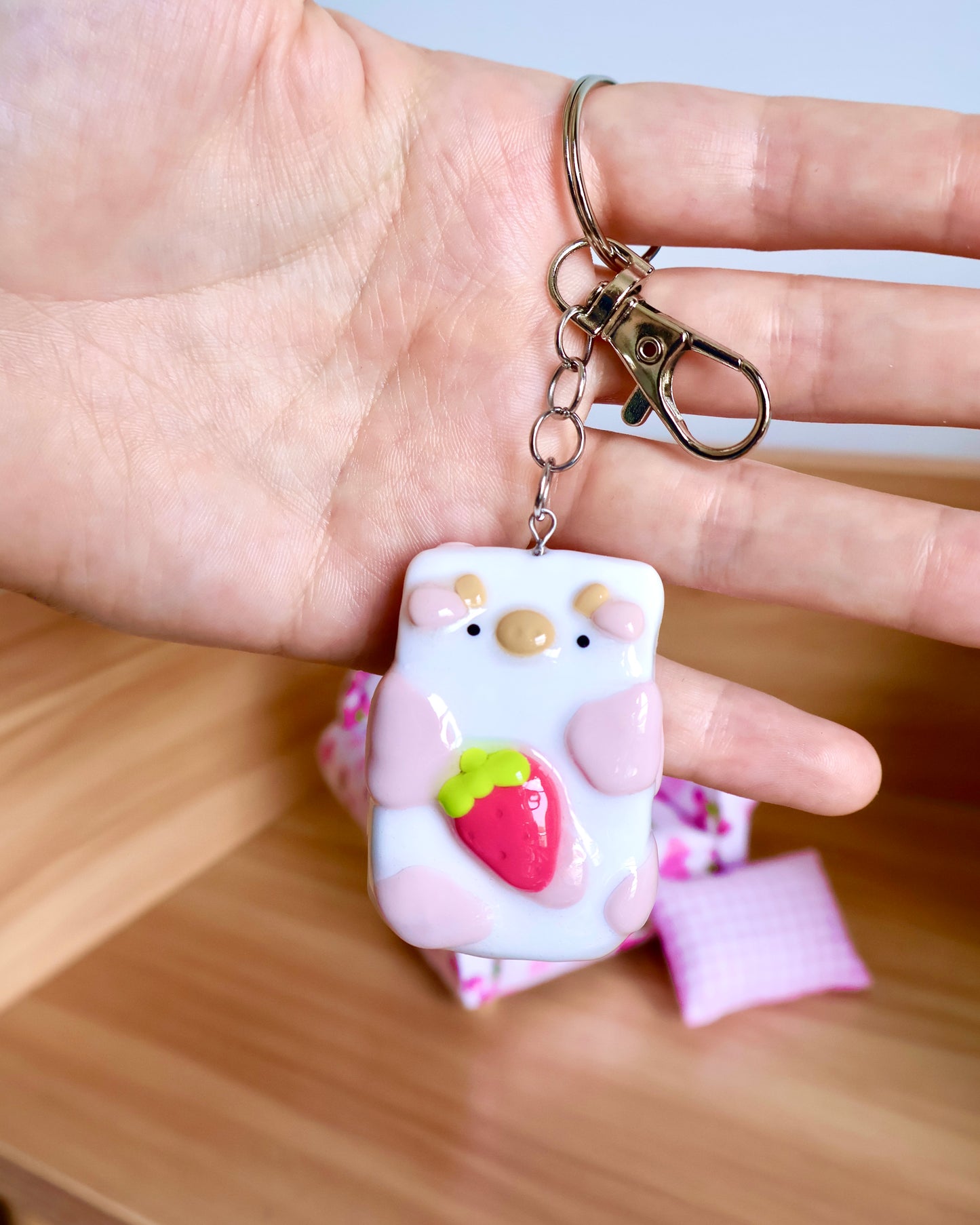 Strawberry Cow Milk Carton Worry Stone Keychain
