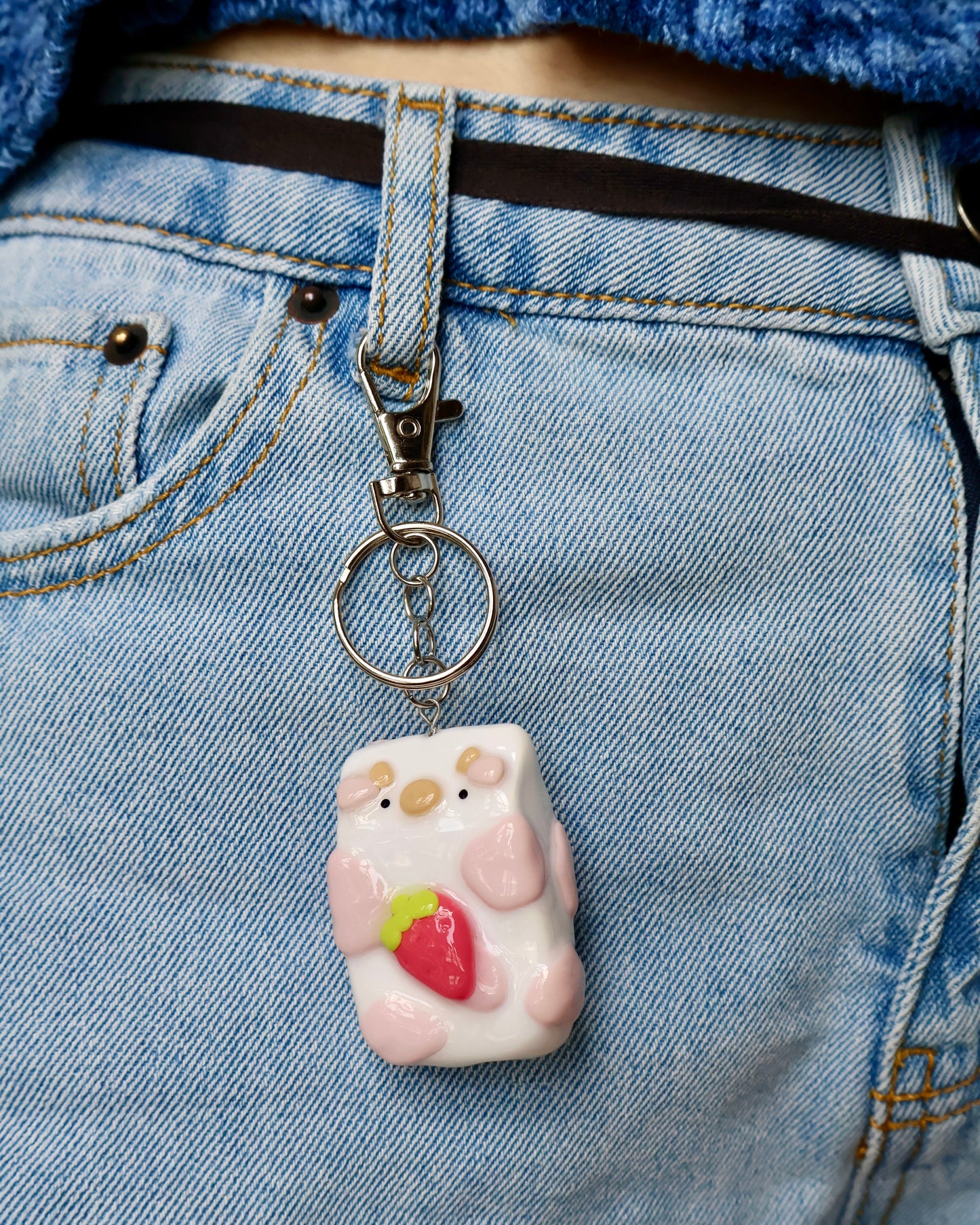 Strawberry Cow Milk Carton Worry Stone Keychain